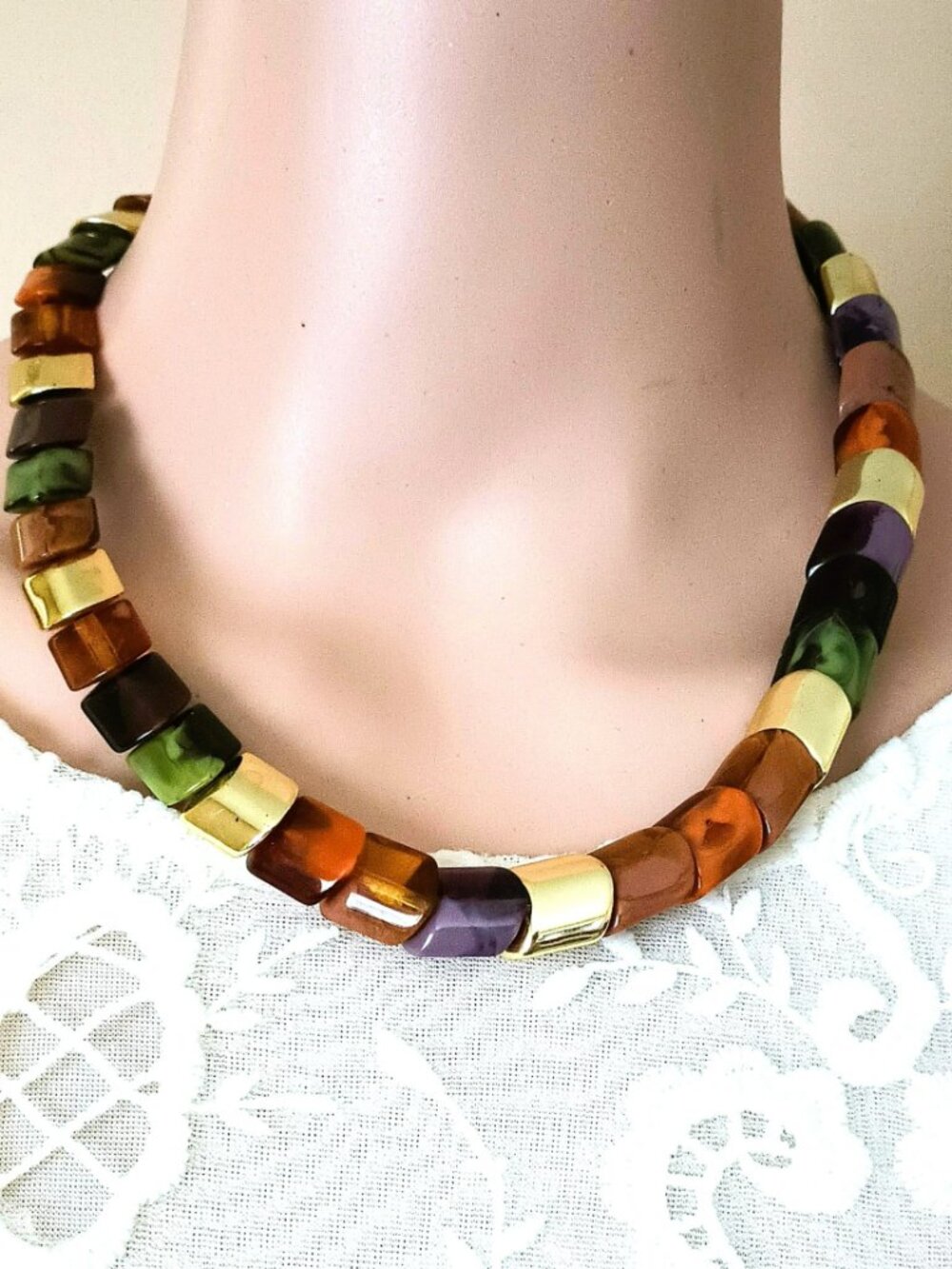 Vtg Acrylic Stacked Asymmetric Necklace Browns, Green, Gold Layer Bead Choker